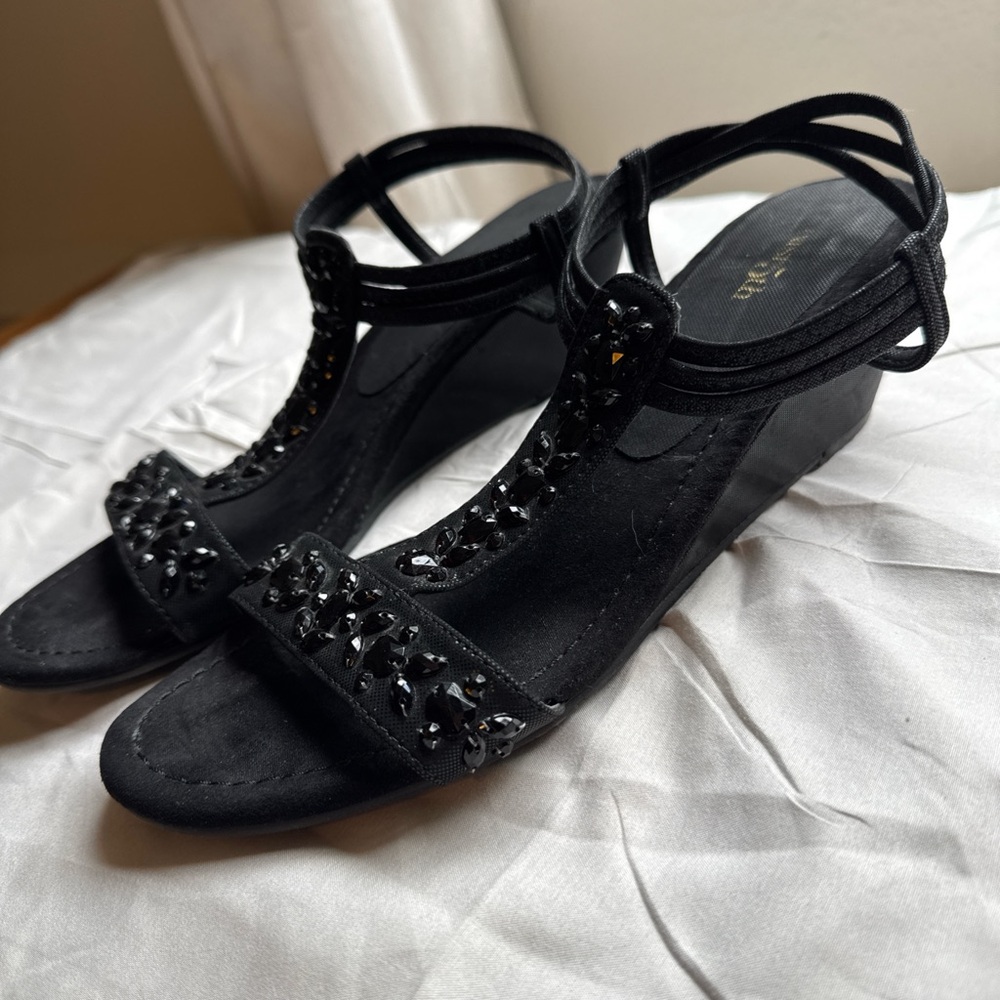 East 5th Black Strappy Embellished Rhinestone Wedge Sandals